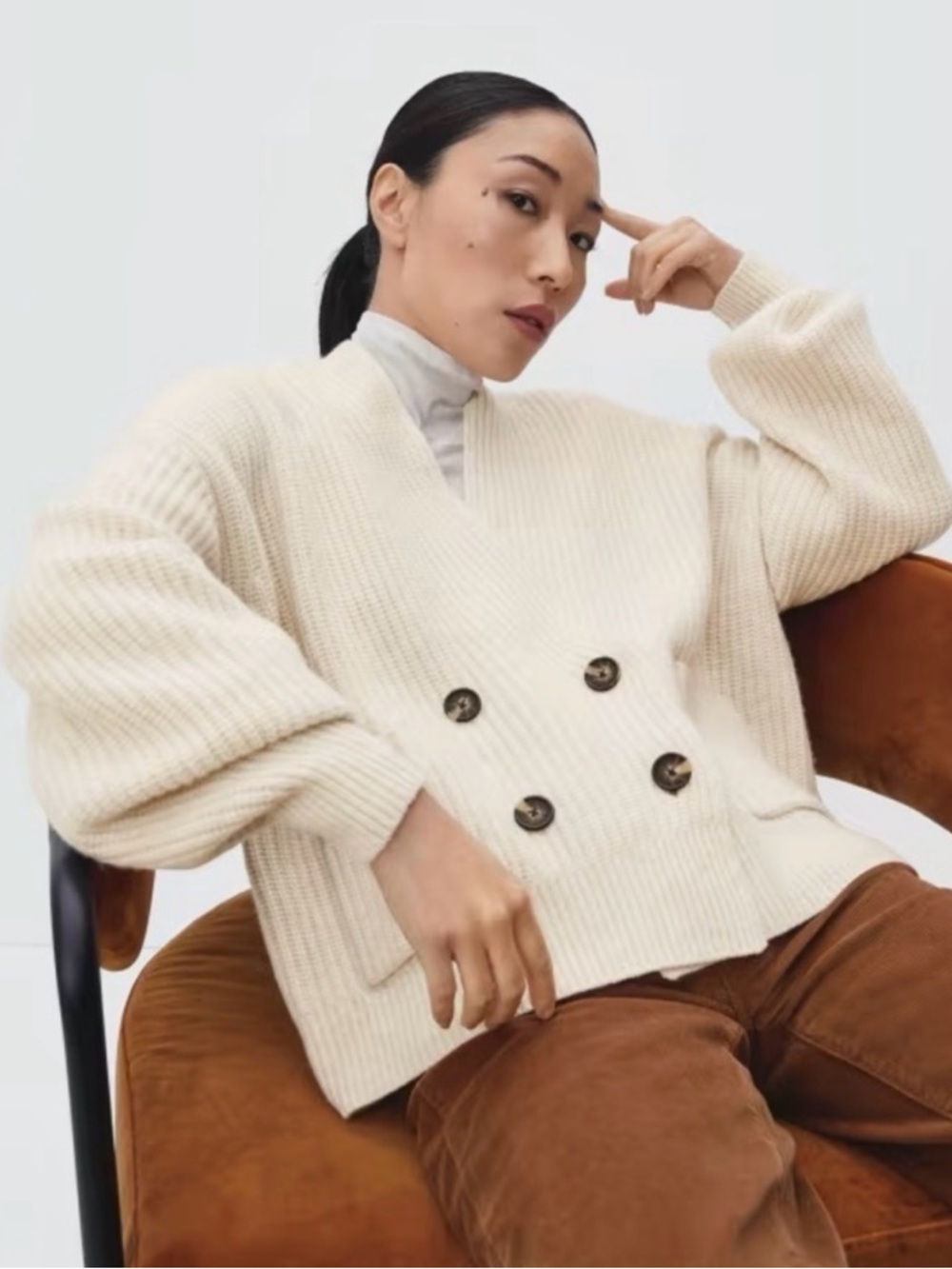 Everlane Cream Wool Felted Merino Double Breasted Cardigan